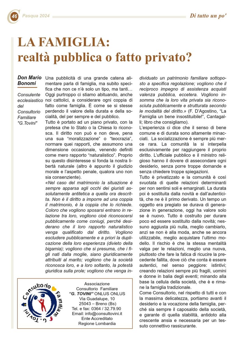 LA FAMIGLIA: realtà pubblica o fatto privato?