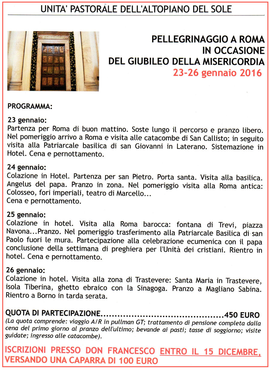 23-26 gennaio 2016 pellegrinaggio a Roma per il Giubileo