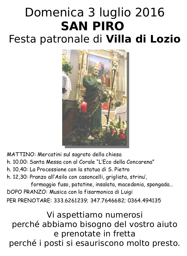 Domenica 3 luglio: Festa patrono San Piro a Villa di Lozio