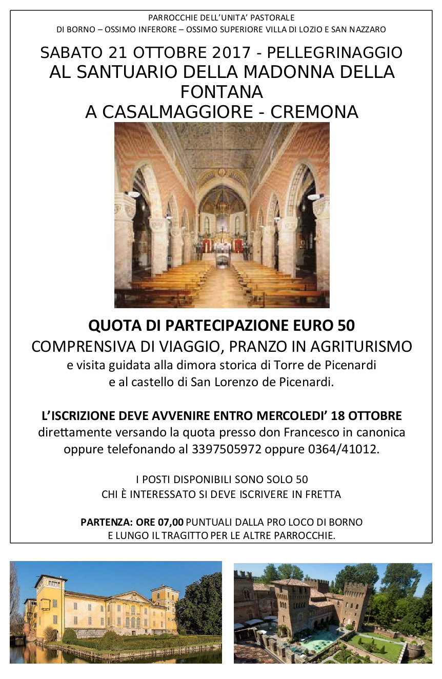 21 ottobre 2017 pellegrinaggio al santuario Madonna della Fontana Casalmaggiore Cremona