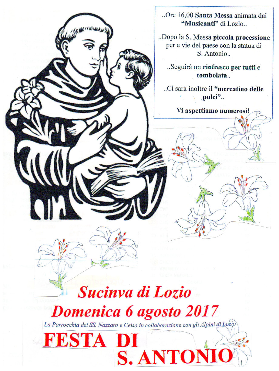 Domenica 6 agosto a Sucinva: Festa di Sant'Antonio