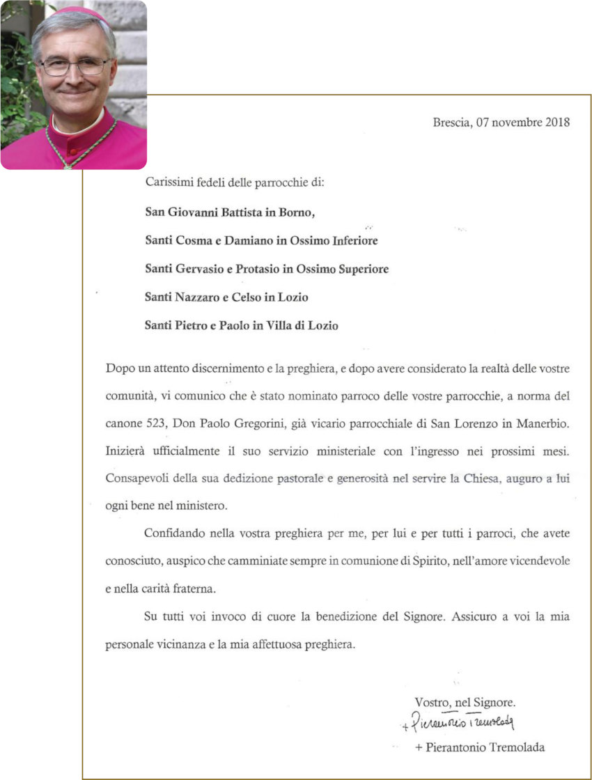 lettera vescovo nomina don Paolo Gregorini