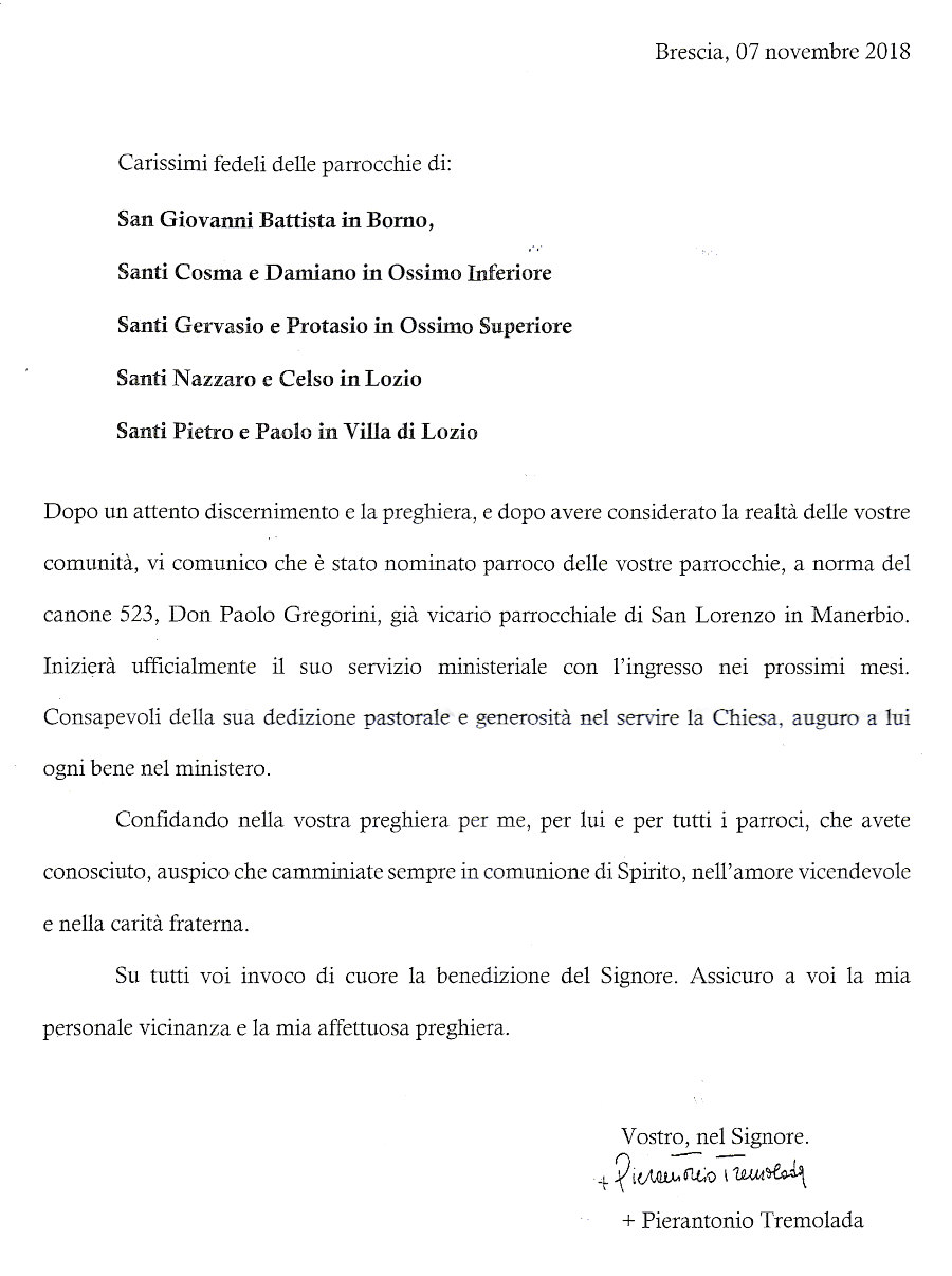 lettera Vescovo nomina don Paolo Gregorini