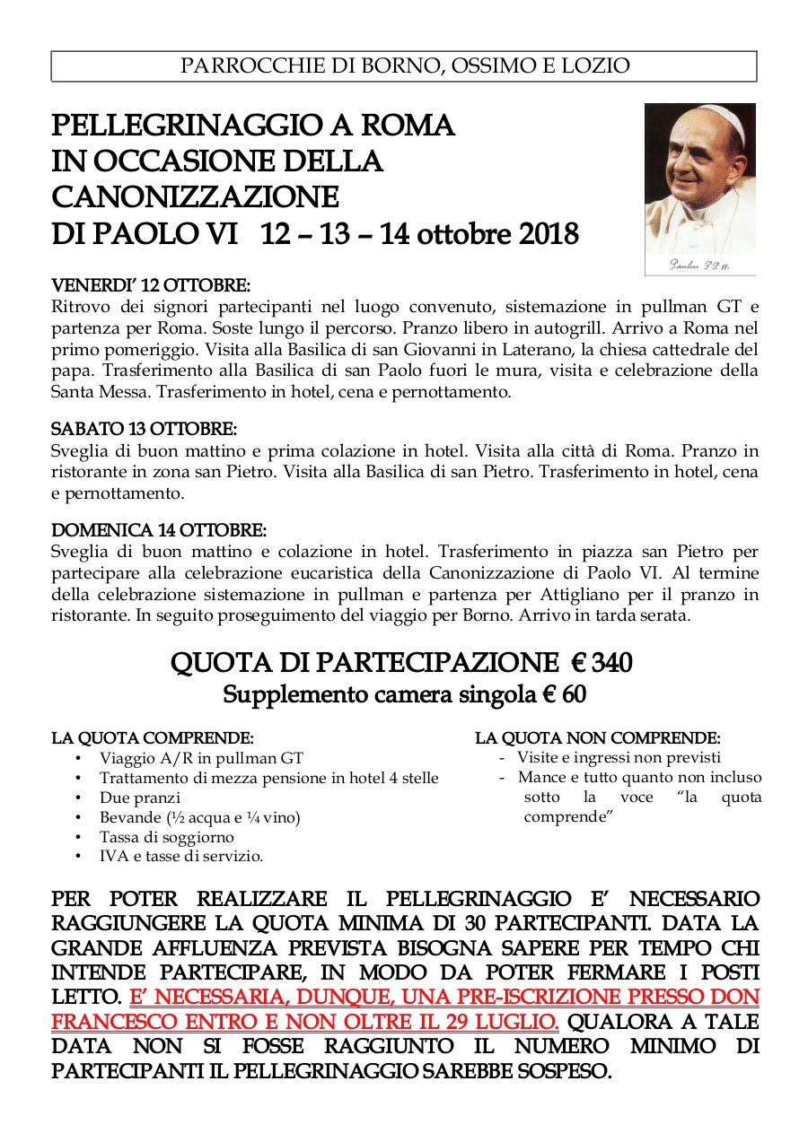 PELLEGRINAGGIO A ROMA IN OCCASIONE DELLA CANONIZZAZIONE DI PAOLO VI   12 – 13 – 14 ottobre 2018