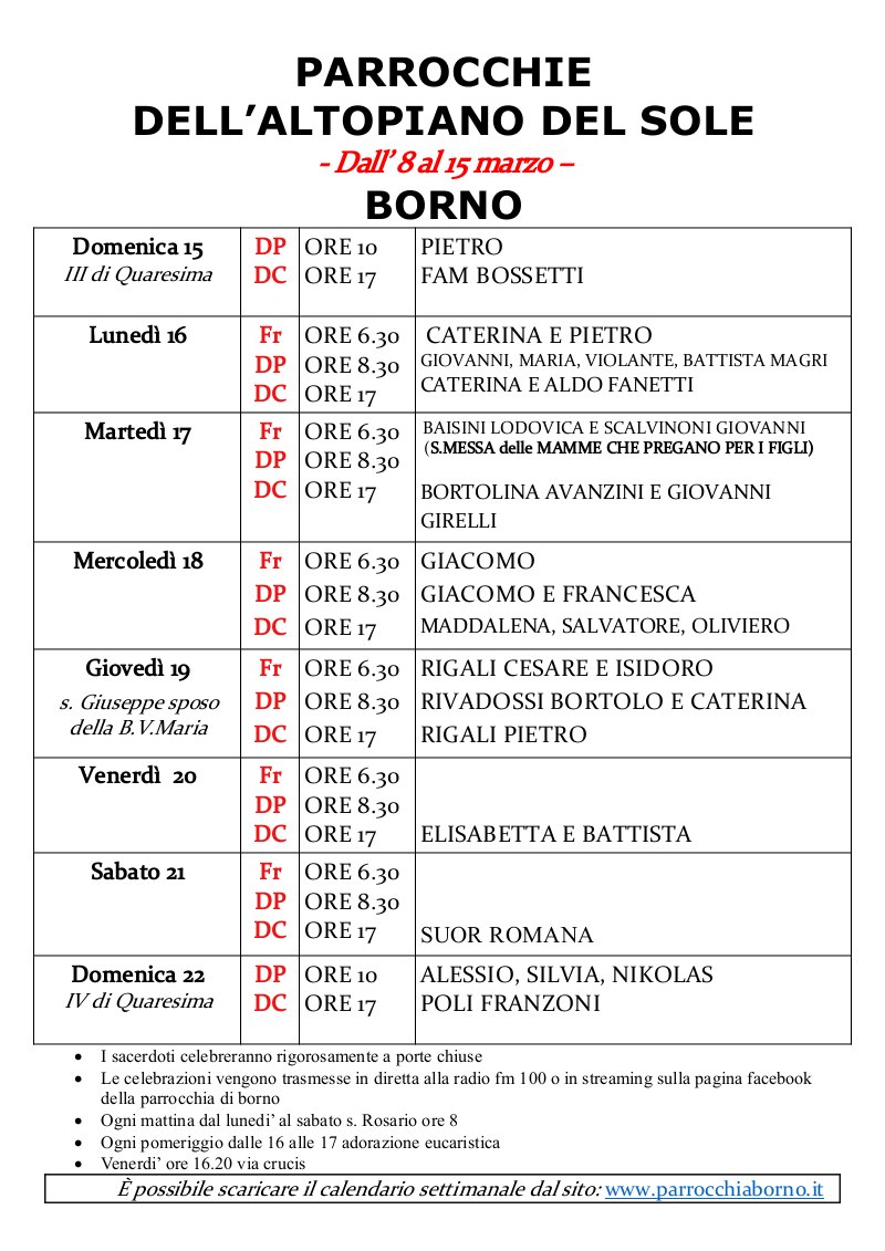 Calendario SS. Messe e avvisi dal 15 al 22 marzo 2020