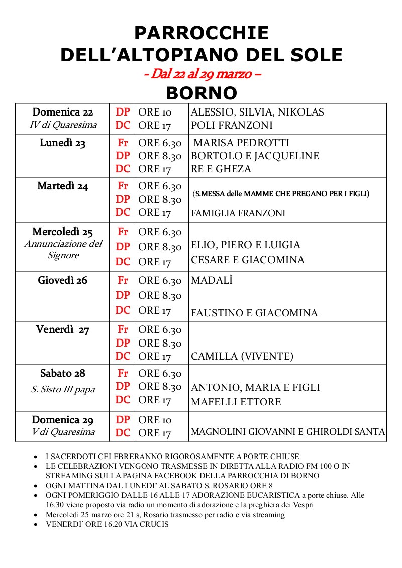 Calendario SS. Messe e avvisi dal 22 al 29 marzo 2020