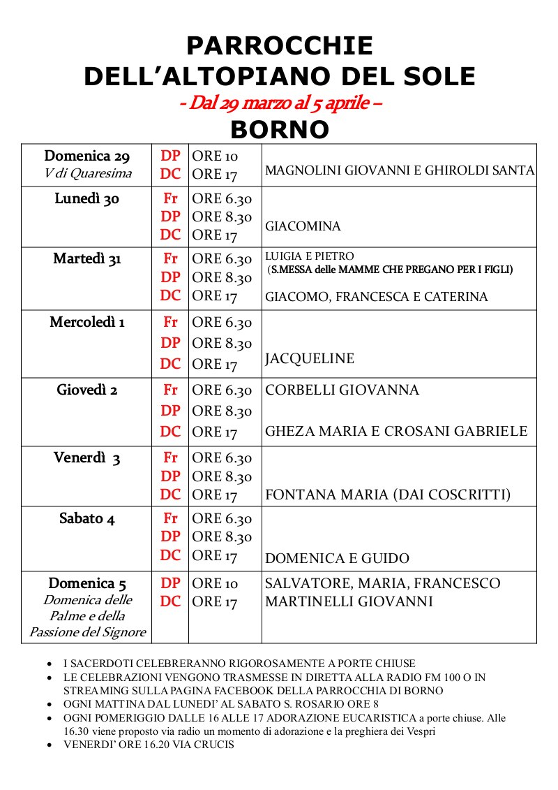 Calendario SS. Messe e avvisi dal 29 marzo al 5 april 2020