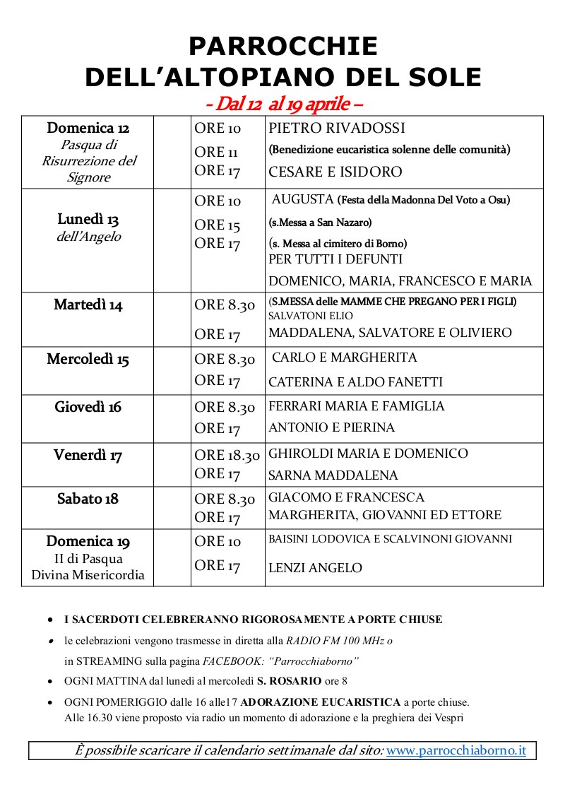 Calendario SS. Messe e avvisi dal 12 al 19 aprile 2020