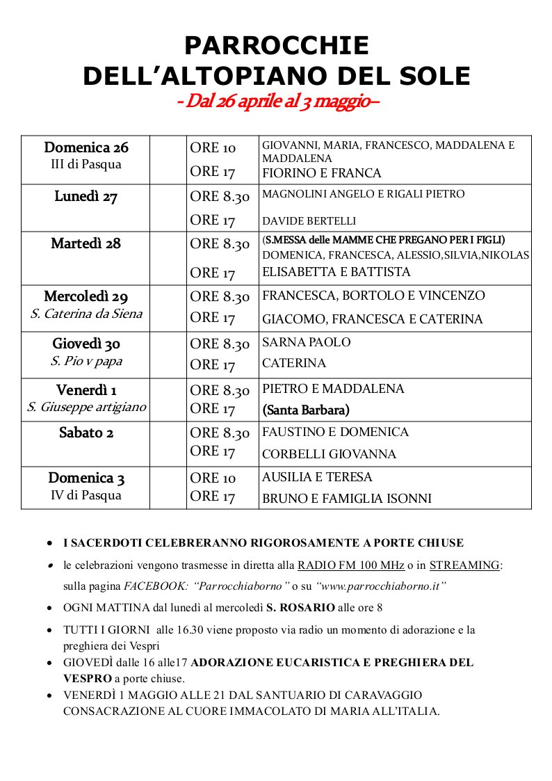 Calendario SS. Messe e avvisi dal 26 aprile al 3 maggio 2020