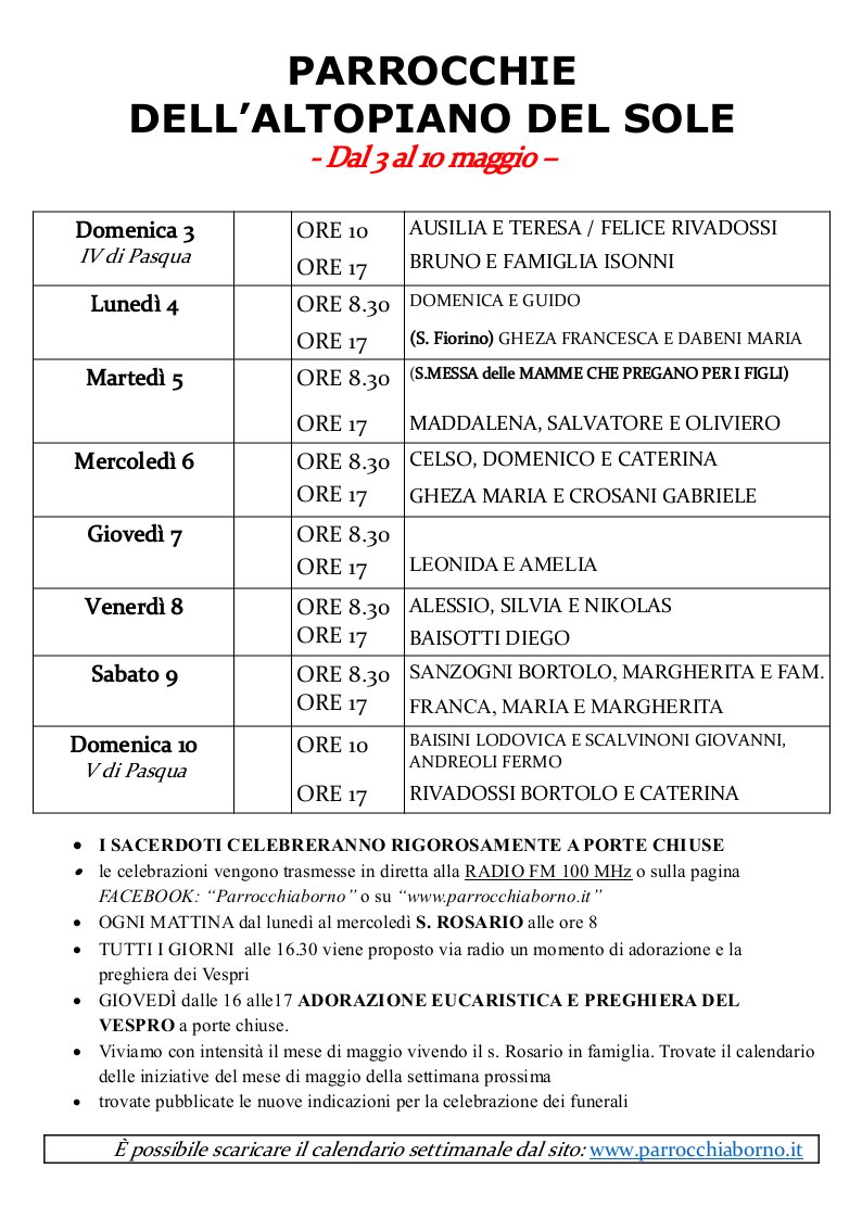 Calendario SS. Messe e avvisi dal 3 al 10 maggio 2020