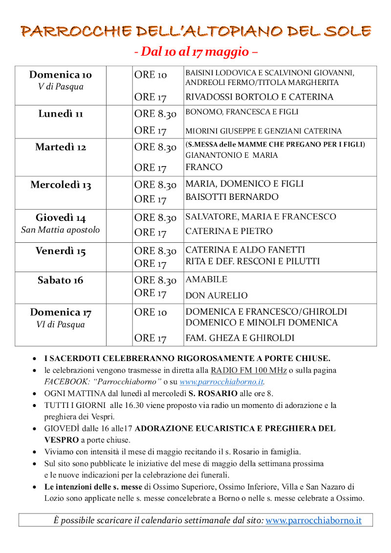 Calendario SS. Messe e avvisi dal 10 al 17 maggio 2020