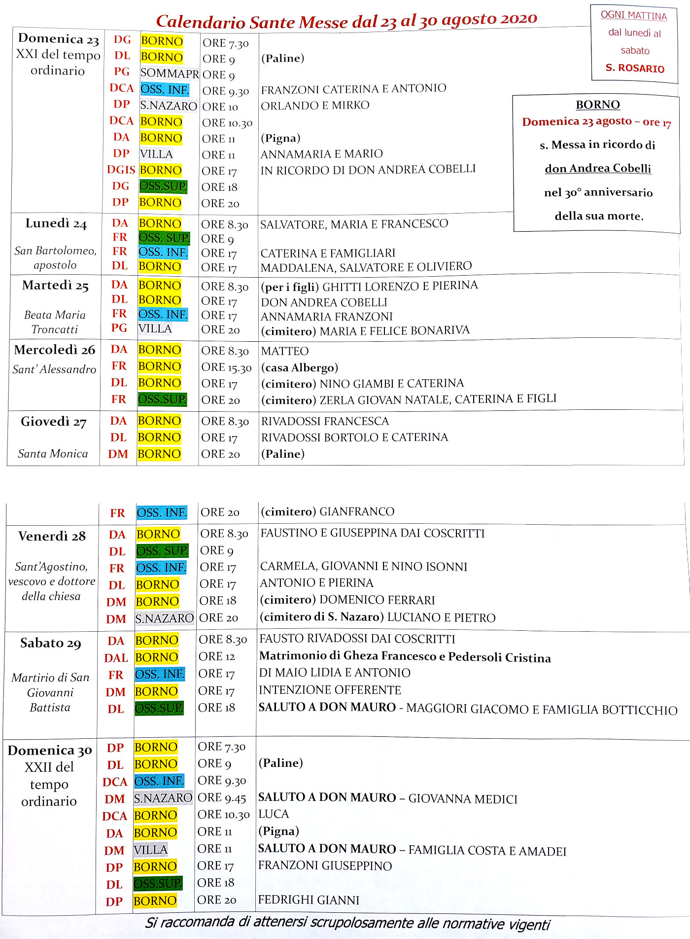 calendario messe 23-8-2020