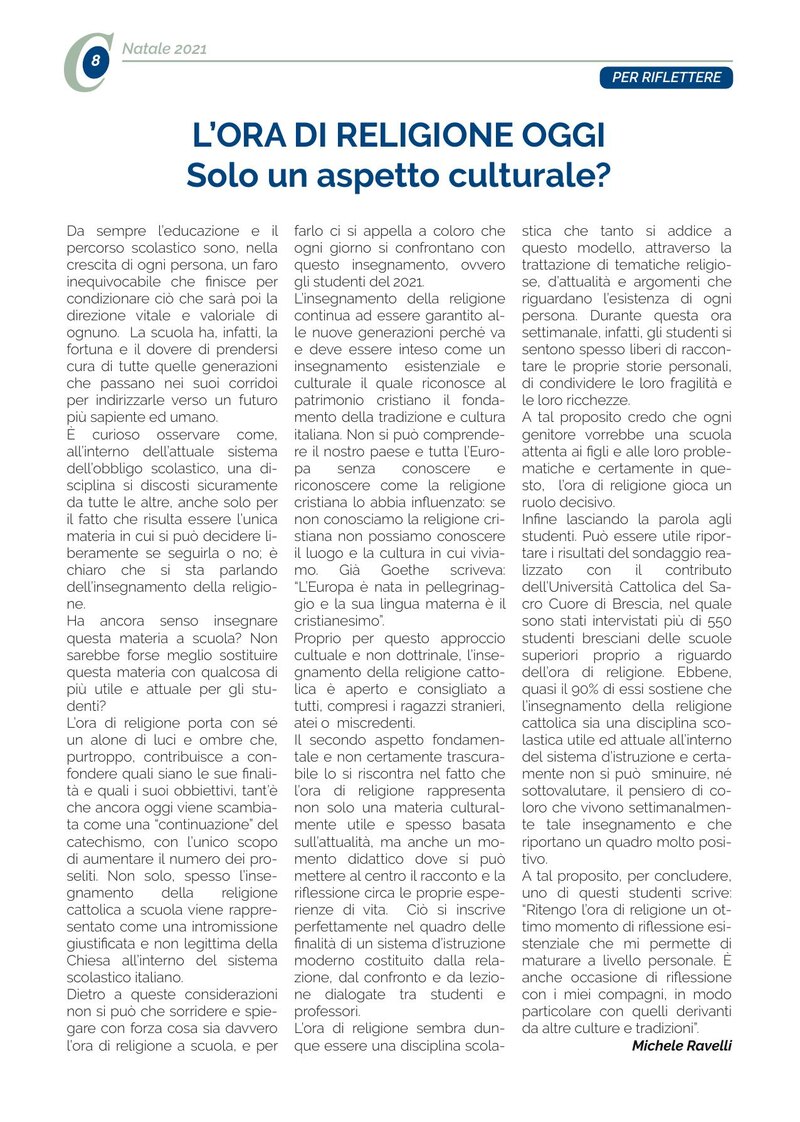 L’ORA DI RELIGIONE OGGI Solo un aspetto culturale?