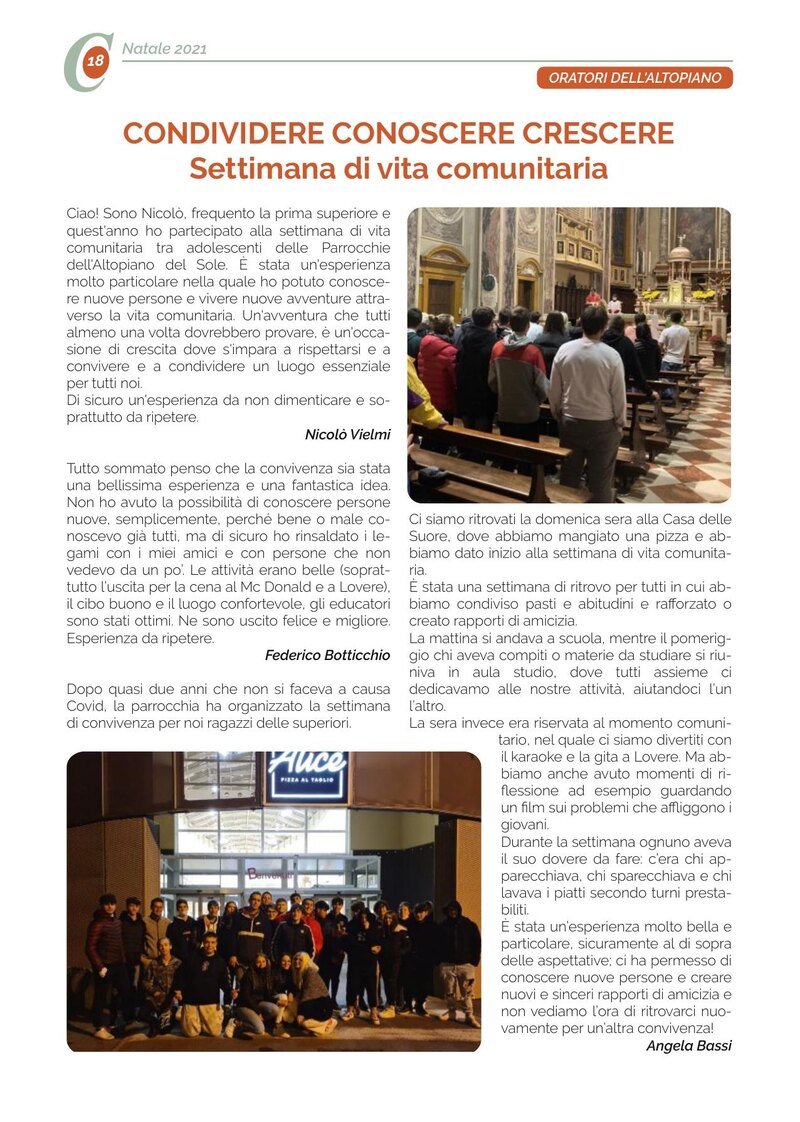 CONDIVIDERE CONOSCERE CRESCERE Settimana di vita comunitaria