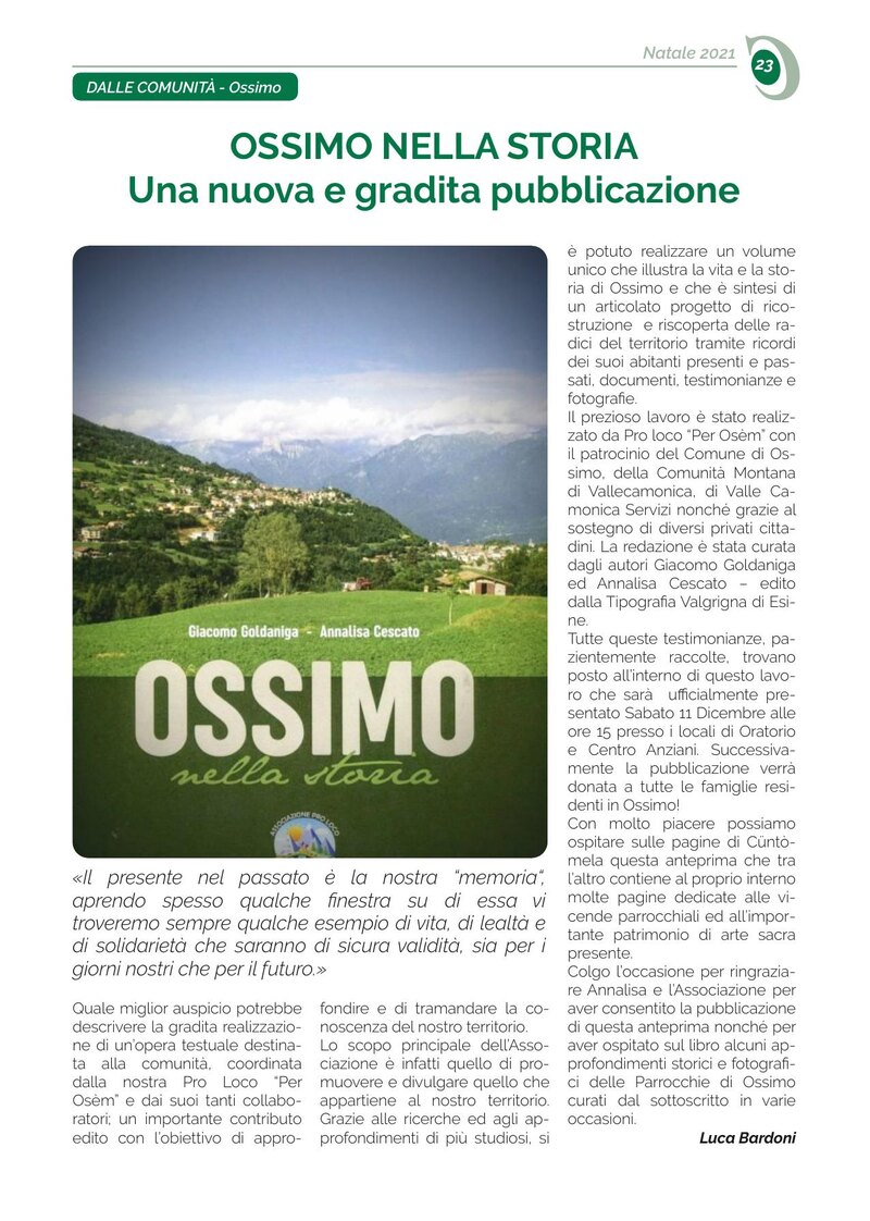 OSSIMO NELLA STORIA Una nuova e gradita pubblicazione