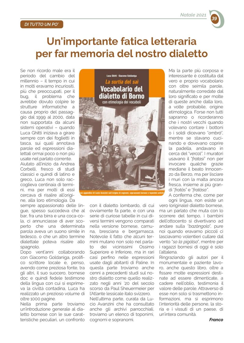 Un'importante fatica letteraria per far memoria del nostro dialetto