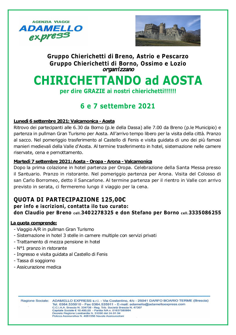 6-7 settembre 2021: gita aosta per chierichetti