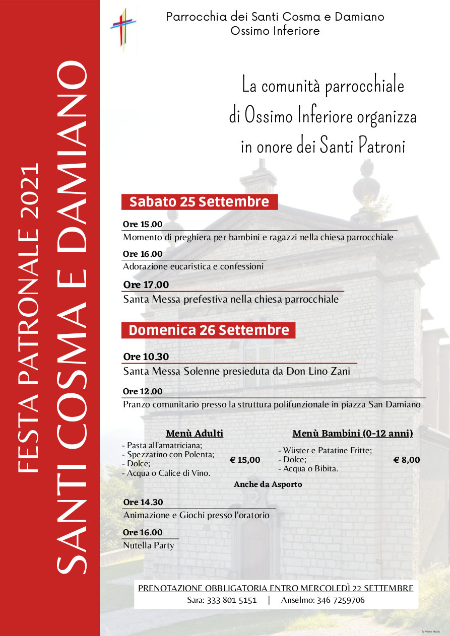 25-26 settembre: FESTA PATRONALE DEI SANTI COSMA E DAMIANO OSSIMO INFERIORE