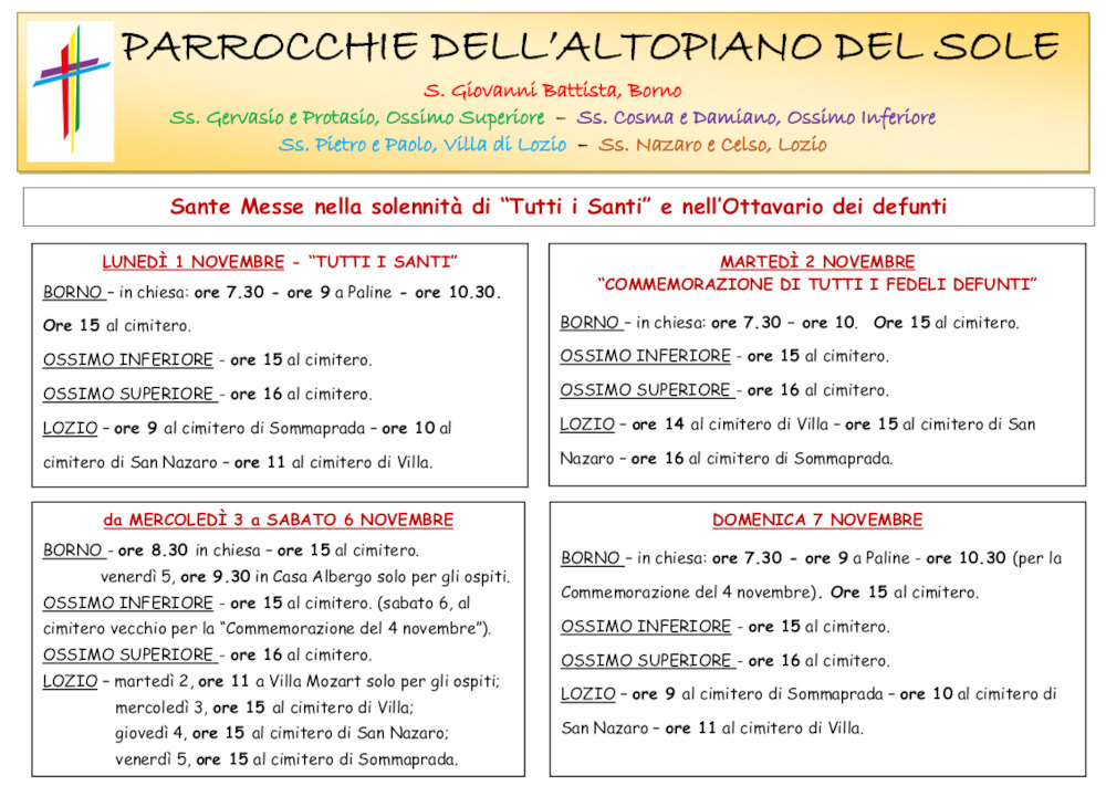 1-7 novembre 2021: messe santi e defunti