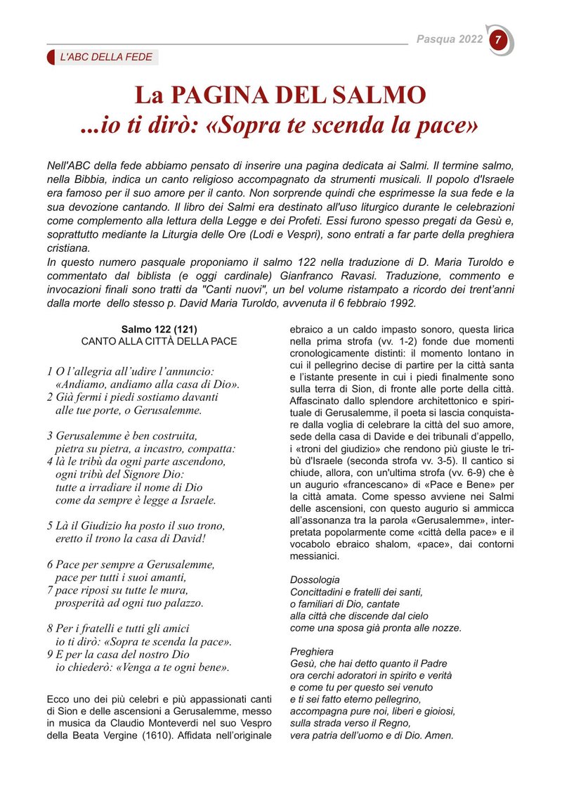 La PAGINA DEL SALMO ...io ti dirò: «Sopra te scenda la pace»