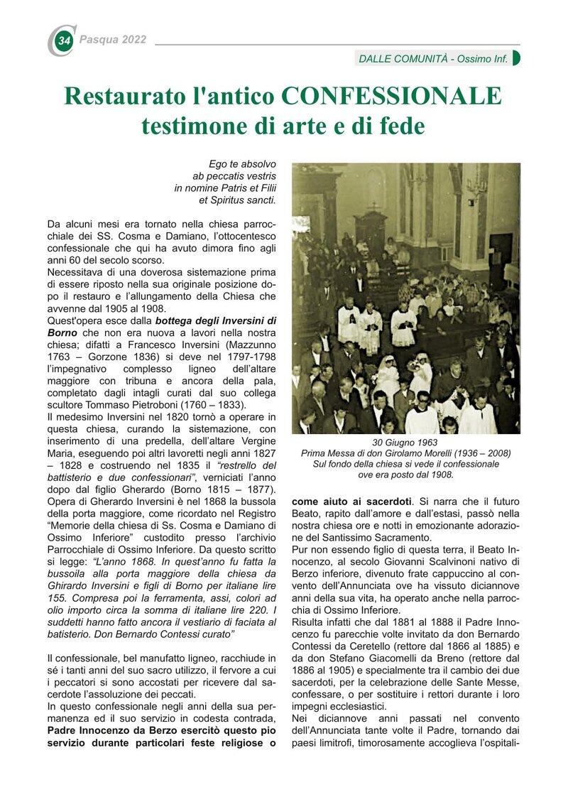 Restaurato l'antico CONFESSIONALE testimone di arte e di fede