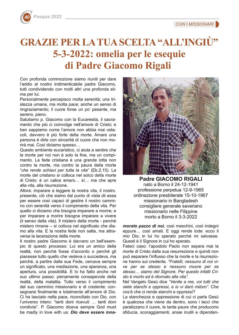 GRAZIE PER LA TUA SCELTA “ALL’INGIÙ”5-3-2022: omelia per le esequie di Padre Giacomo Rigali 