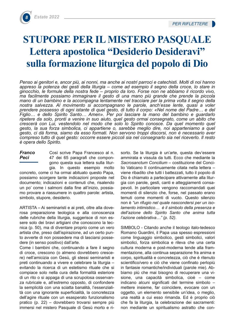 STUPORE PER IL MISTERO PASQUALE Lettera apostolica “Desiderio Desideravi” sulla formazione liturgica del popolo di Dio