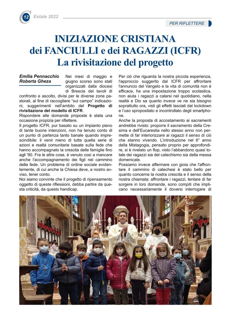 INIZIAZIONE CRISTIANA dei FANCIULLI e dei RAGAZZI (ICFR) La rivisitazione del progetto