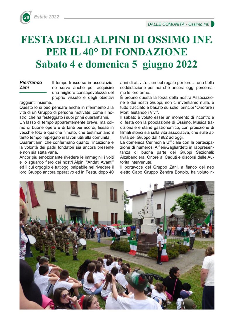 FESTA DEGLI ALPINI DI OSSIMO INF. PER IL 40° DI FONDAZIONE Sabato 4 e domenica 5  giugno 2022