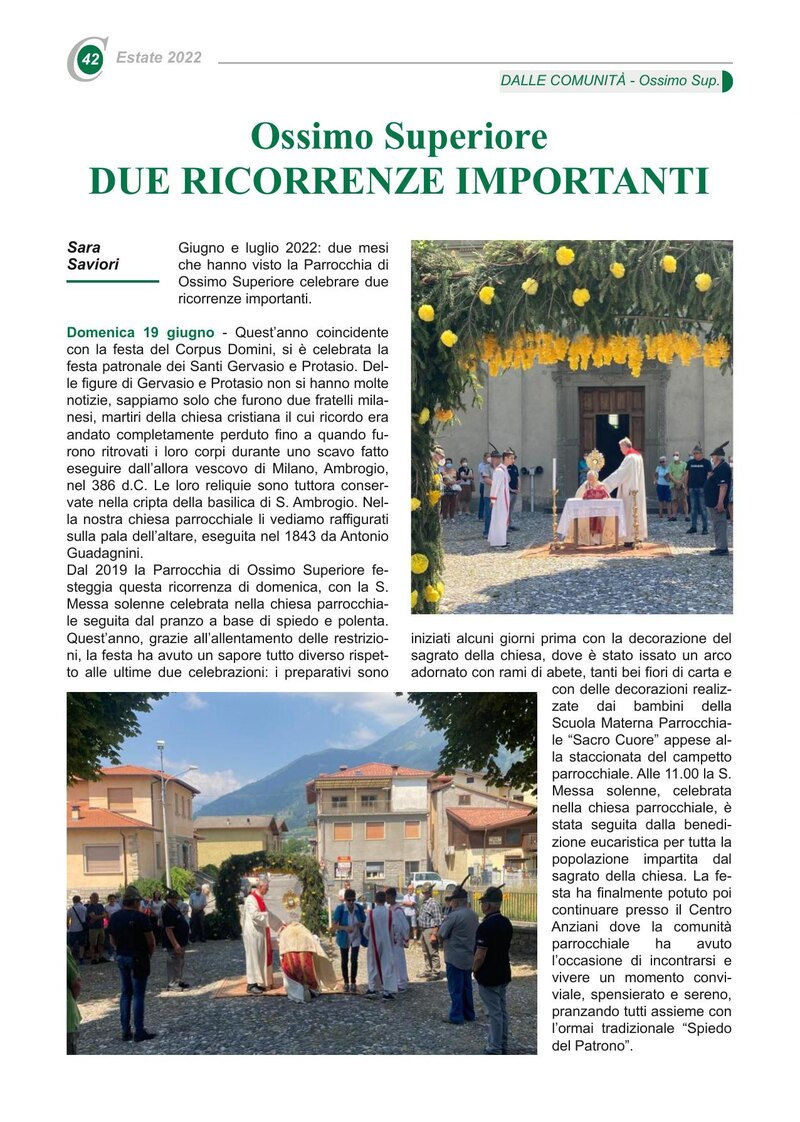 Ossimo Superiore DUE RICORRENZE IMPORTANTI