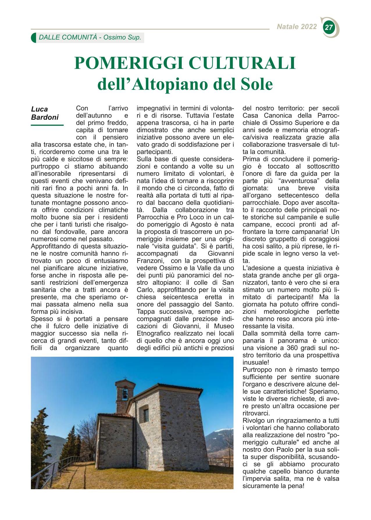 POMERIGGI CULTURALI dell’Altopiano del Sole