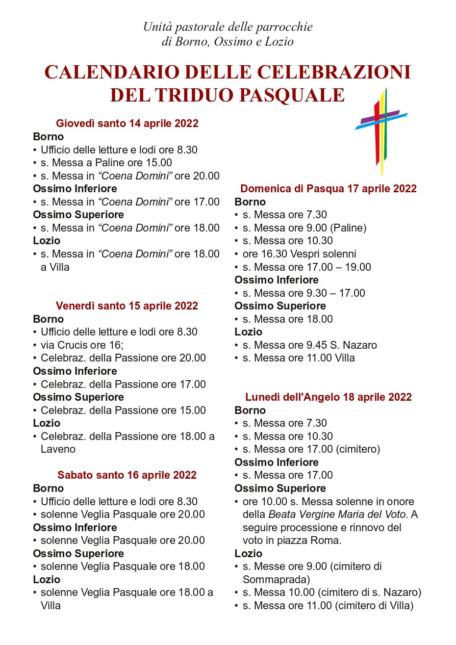 14-17 aprile 2022: orari messe triduo pasquale