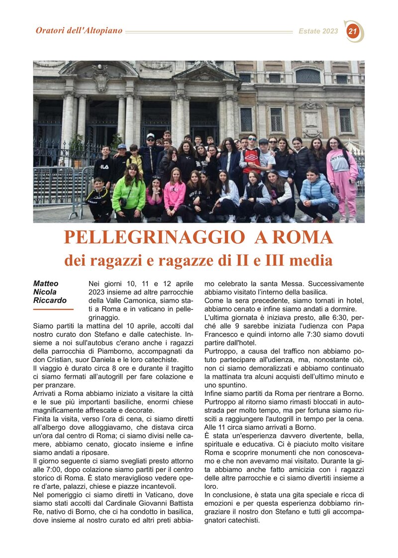 PELLEGRINAGGIO A ROMA dei ragazzi e ragazze di II e III media