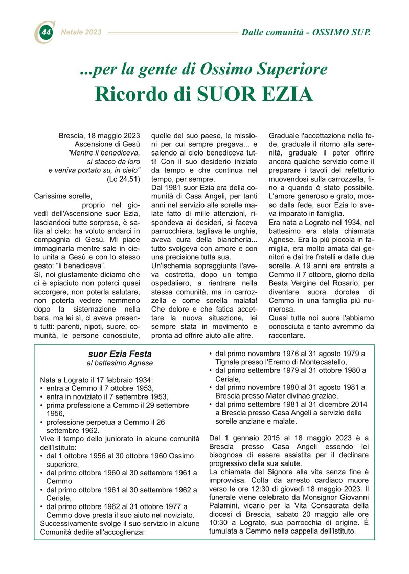 ...per la gente di Ossimo Superiore Ricordo di SUOR EZIA