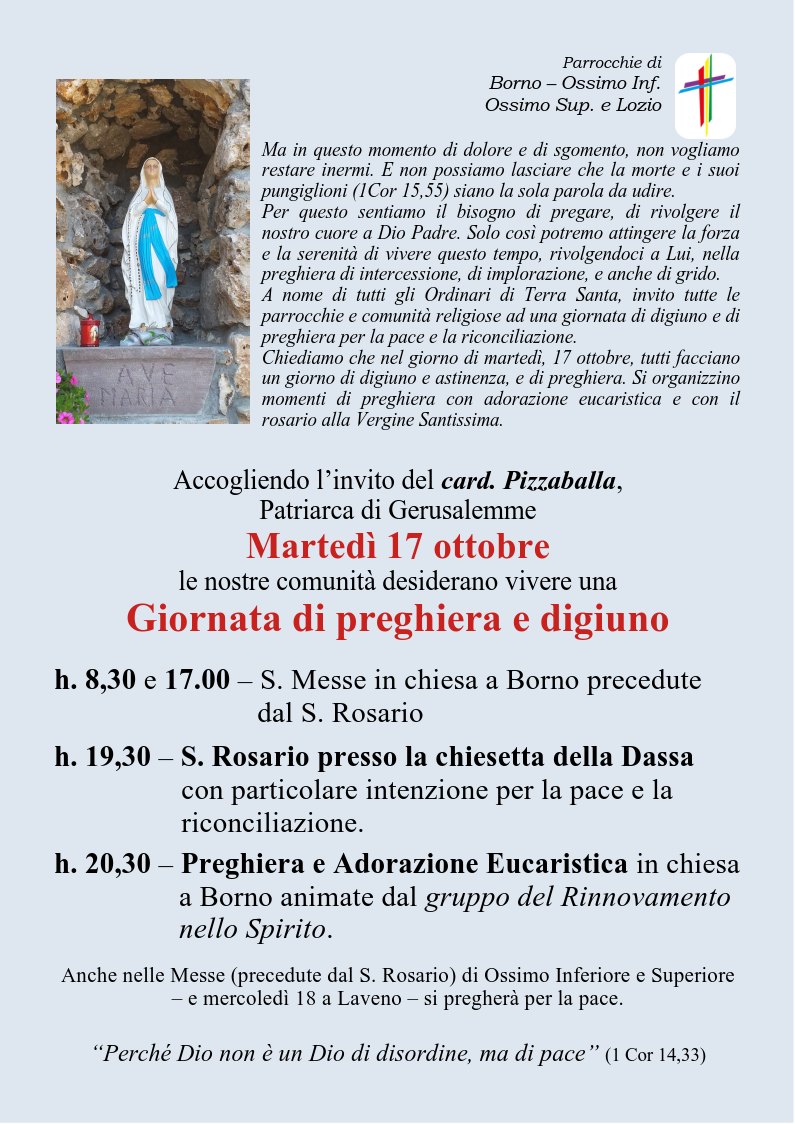 17 ottobre 2023: Giornata di preghiera e digiuno per la pace