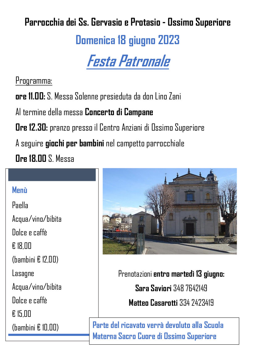 18 giugno 2023: Festa patronale Ossimo sup.