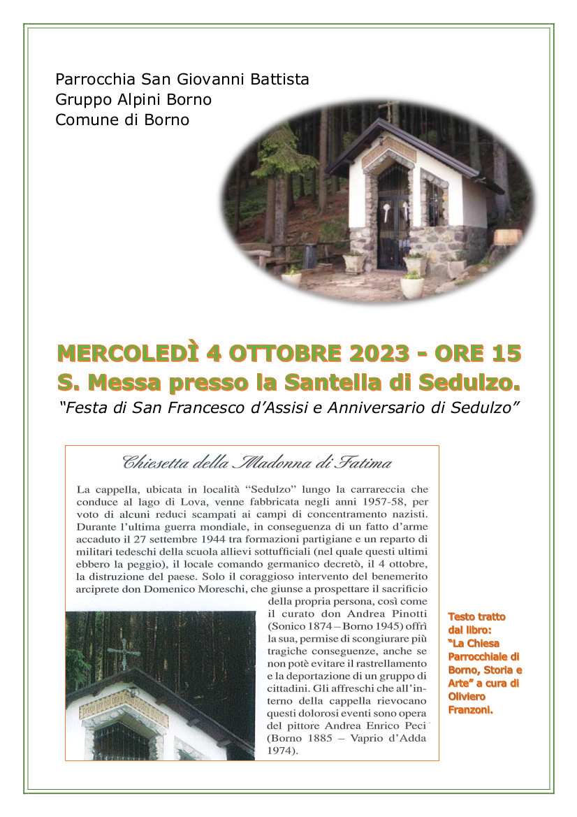 mercoledì 4 ottobre 2023 ore 15.00: S. Messa a Sedulzo