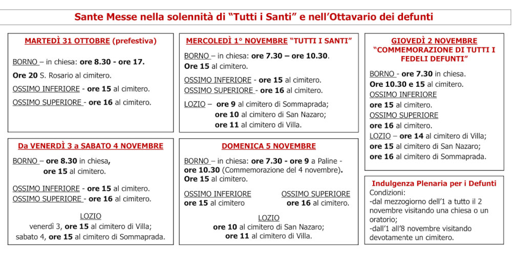 1-5 novembre 2023: Orari delle SS. Messe