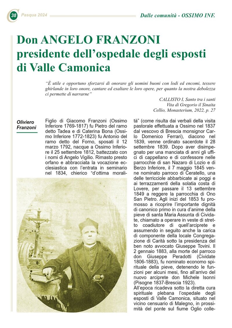 Don ANGELO FRANZONI presidente dell’ospedale degli esposti di Valle Camonica