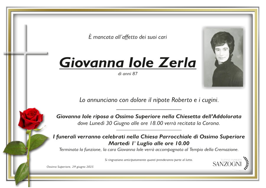 29 giugno 2025: def Giovanna Iole Zerla - Ossimo sup.