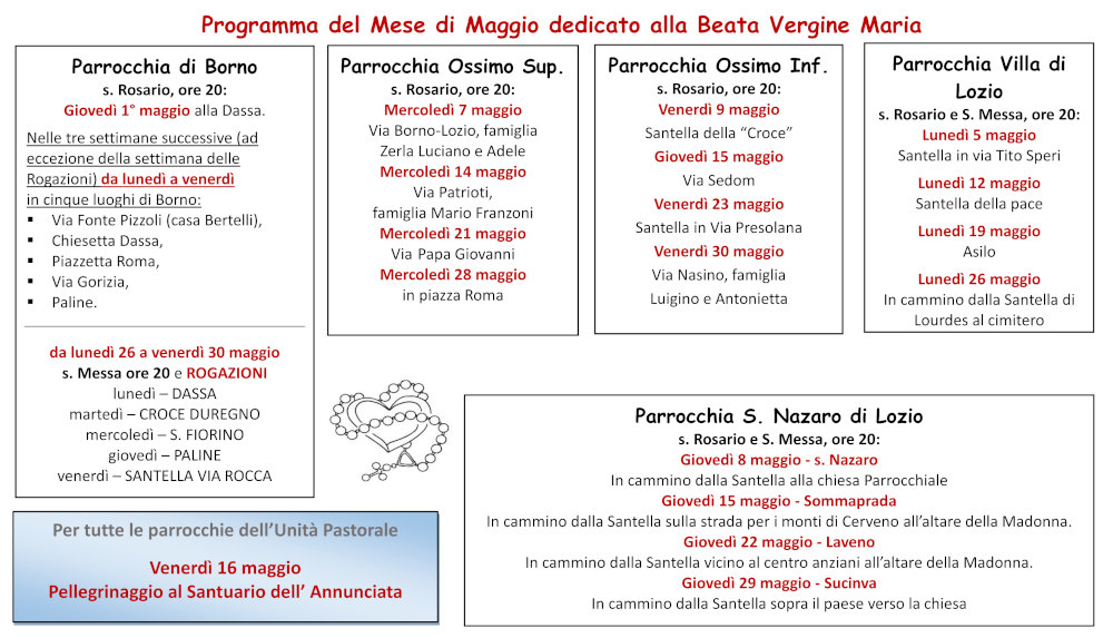Programma del mese di maggio dedicato alla B.V. Maria