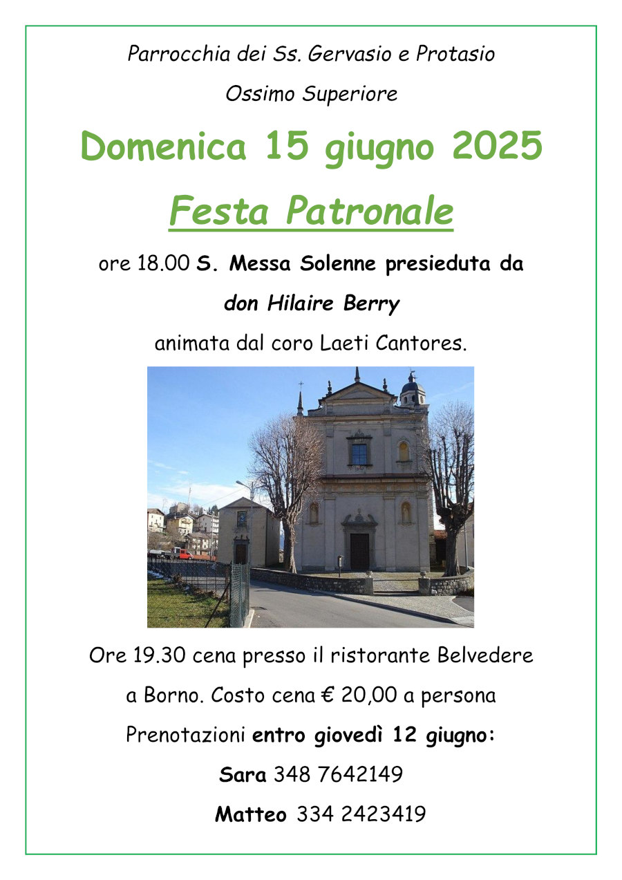 Domenica 15 giugno 2025: <b>Festa del Patrono</b> ad Ossimo Superiore