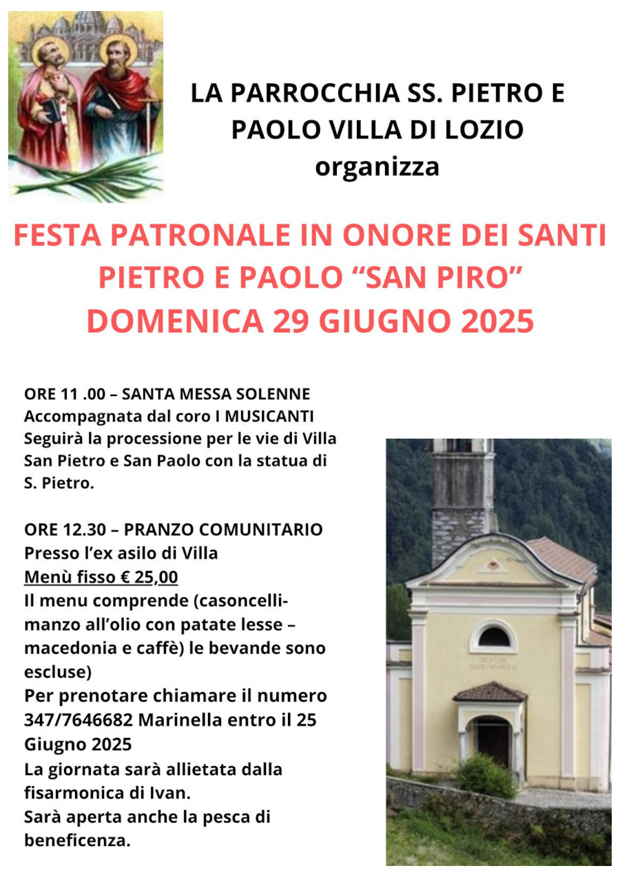 Domenica 29 giugno 2025: <b>SS. Pietro e Paolo - San Piro</b> Festa Patronale a Villa di Lozio