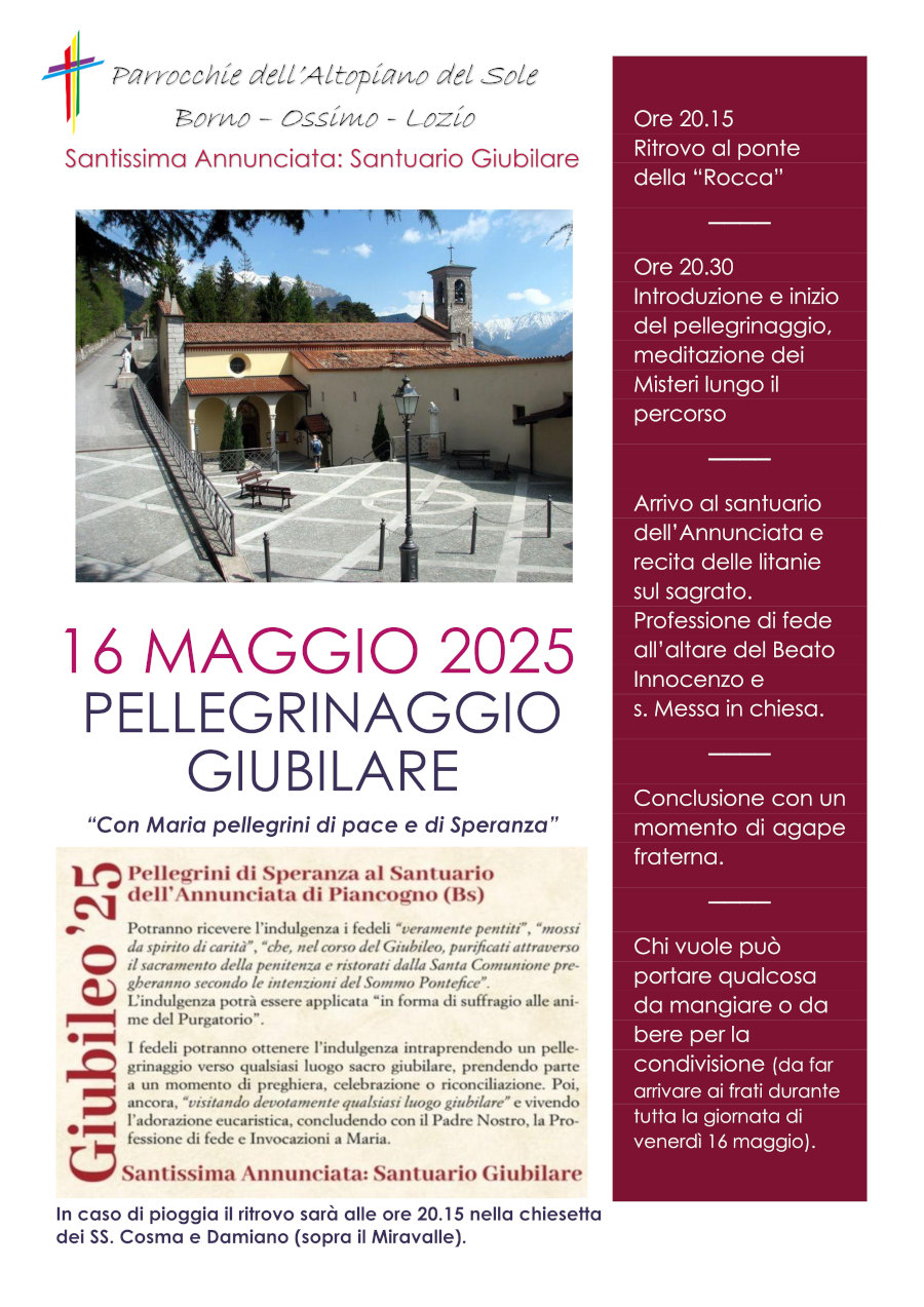 16 maggio 2029: Pellegrinaggio giubilare all'Annunciata