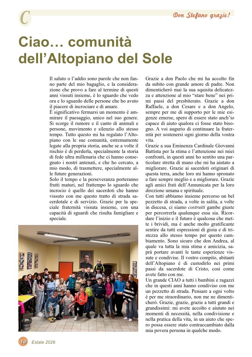 Ciao… comunità dell’Altopiano del Sole 