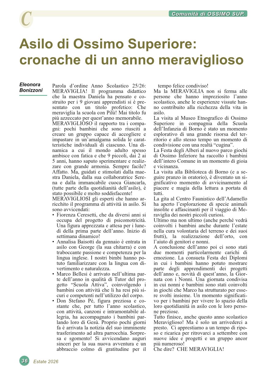 Asilo di Ossimo Superiore: cronache di un anno meraviglioso