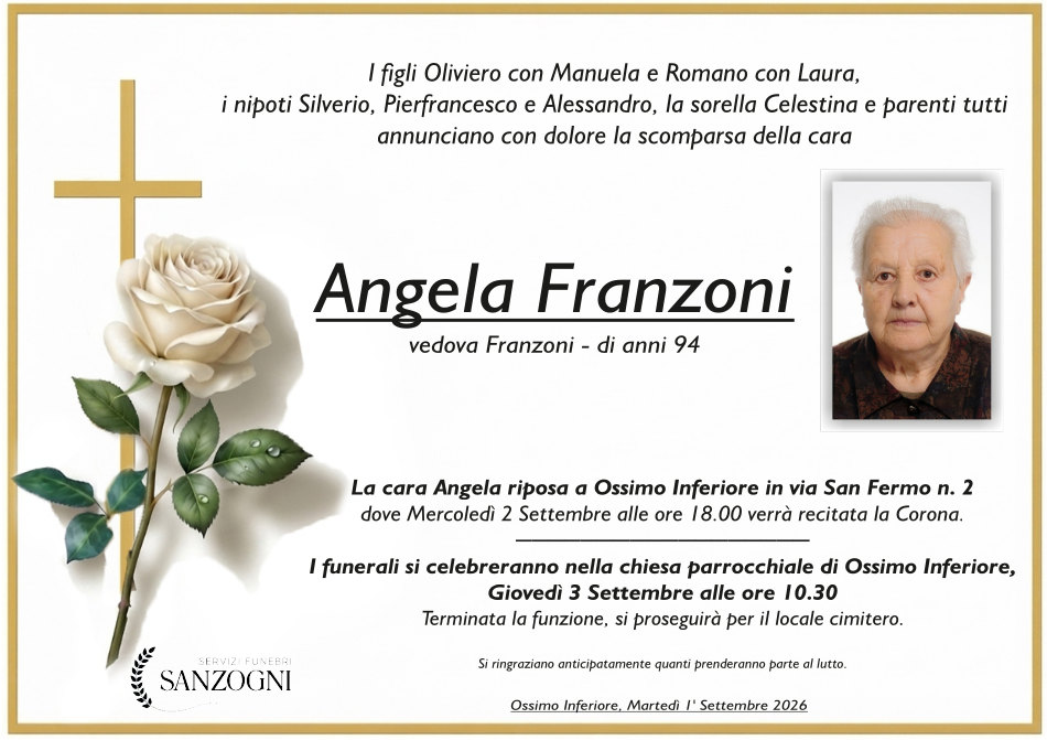 31 agosto 2026: morta <b>Angela Franzoni</b> - Ossimo Inf.