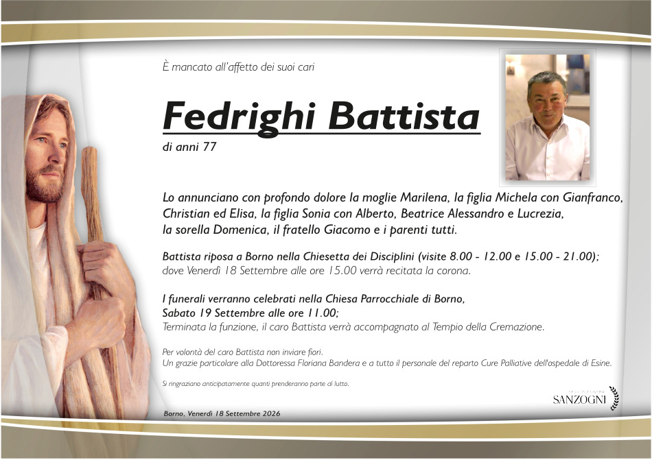 17 settembre 2026: morto <b>Battista Fedrighi</b> - Borno