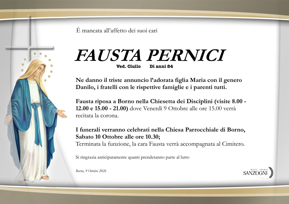 9 ottobre 2026: morto <b>Fausta Pernici</b> - Borno