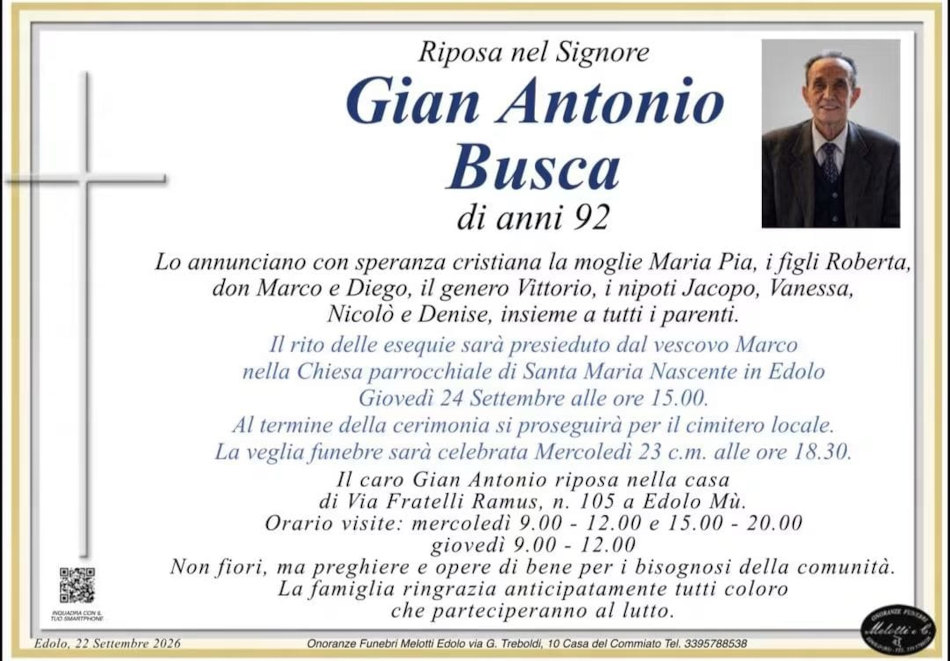 22 settembre 2026: morto <b>Gian Antonio Busca</b> papà di don Marco - Edolo